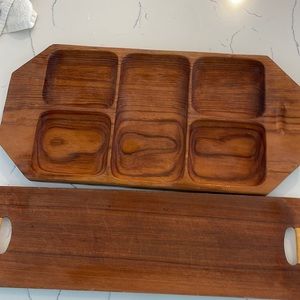 Three piece wood serving set . Dimensions are approximate .